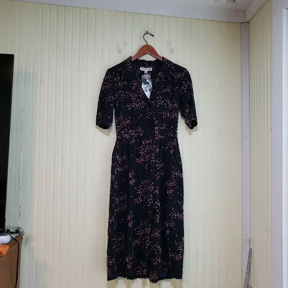 Ines De La Fressange Shirt Dress Womens XS Black Flamingo Short Sleeve Midi